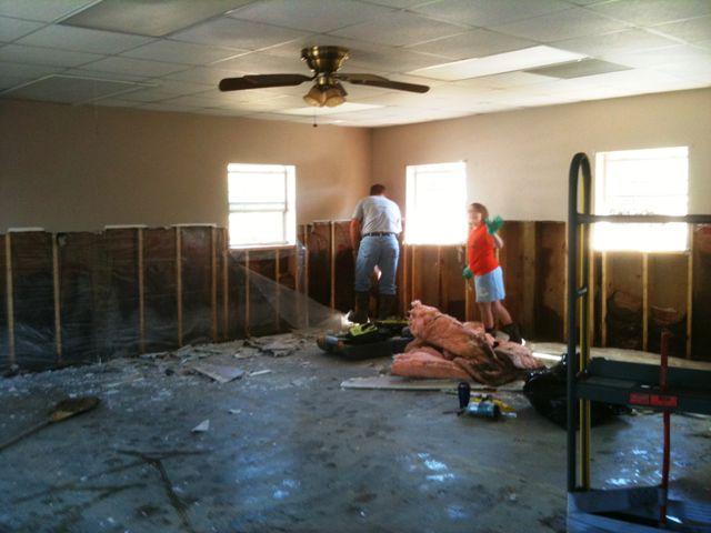 Demoltion continued on day 2 in this room - some of our kids and teens were on hand to help.  We are blessed to have a family in our church that does drywall as part of their business.